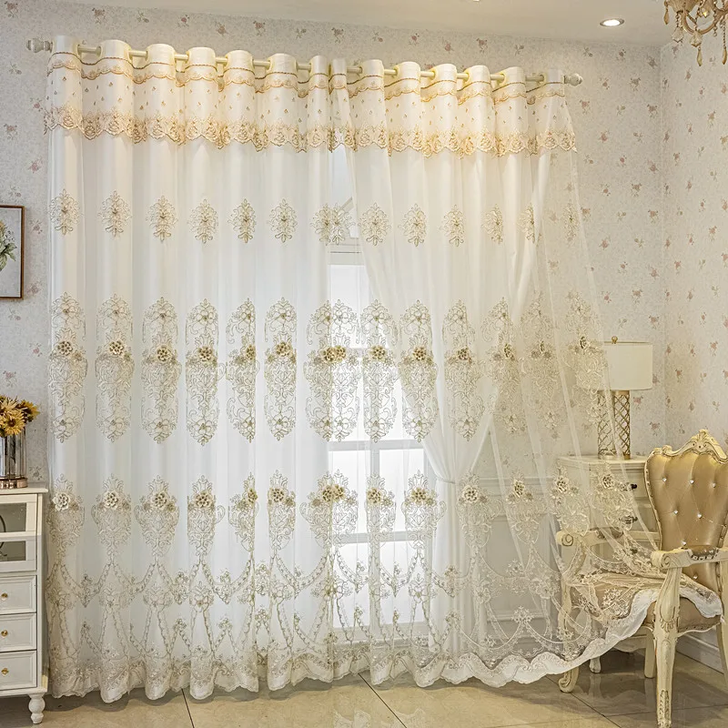 Luxury White & Gold Embroidered Lace Curtain Double Layer Sheer & Cloth Elegant Floral Pattern for Living Room Bedroom