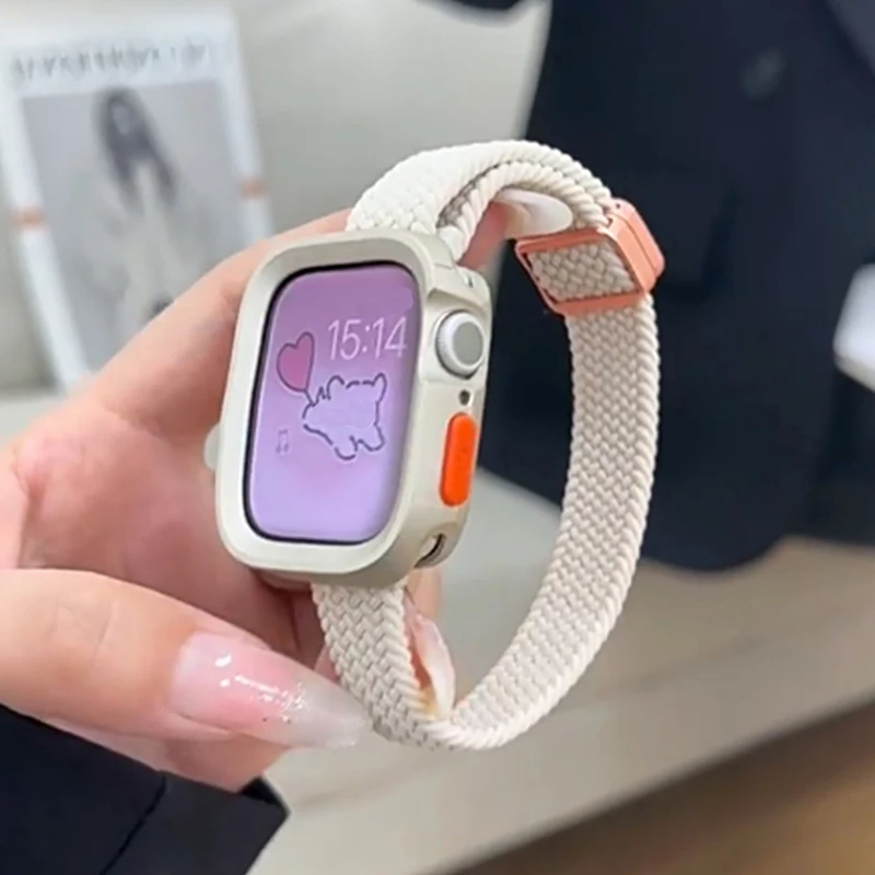 Корейский нейлоновый Плетеный ремешок с магнитной застежкой для Apple Watch 49 мм 45 44 41 40 мм матовый противоударный ремешок из ТПУ для iwatch 9 8 7 6 5