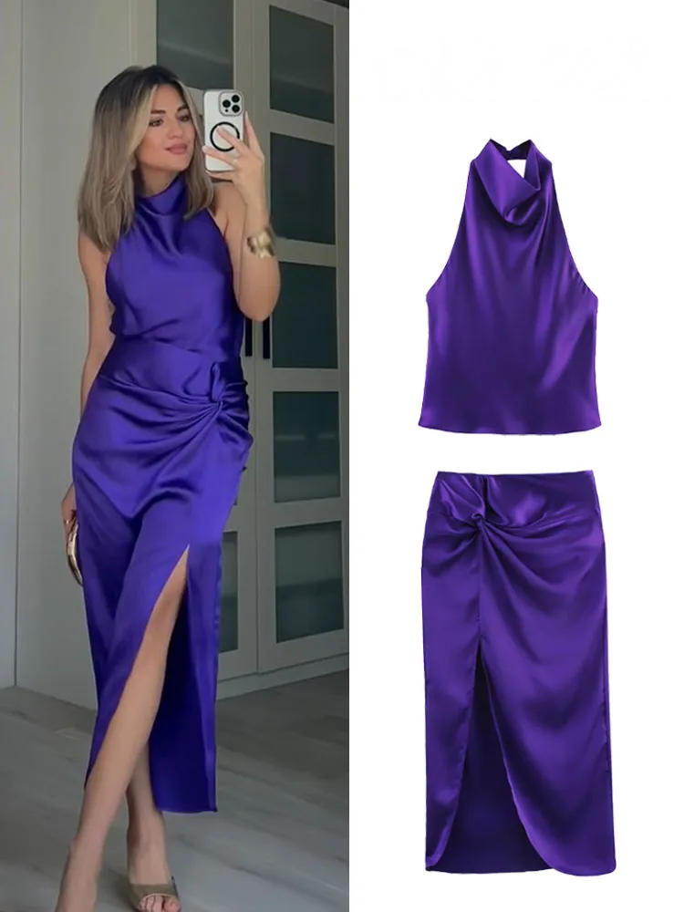 HH Women's Solid Set Fashion Hanging Neck Collar Sleeveless Satin Texture Top+Back Zipper Slit Knot Decorate Midi Skirt