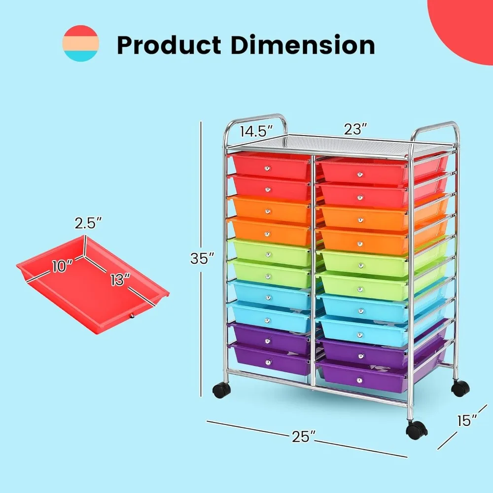 عربة تخزين دوارة متعددة الأغراض مع 20 درجًا للأدوات وسجل القصاصات والورق والحرف اليدوية والتنظيم