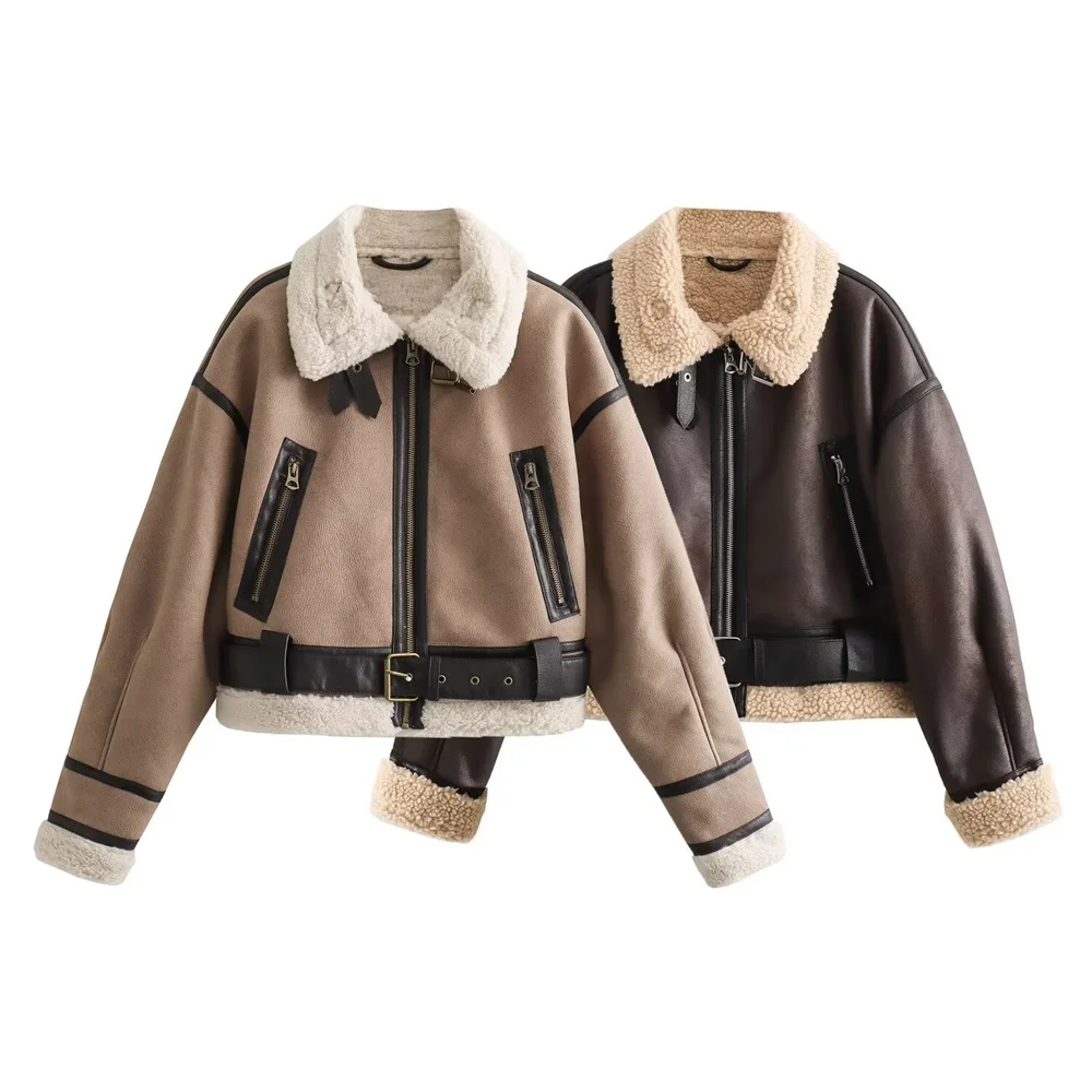 PB&ZA 2024 early autumn new women's fashion versatile double-sided lapel short jacket coat lambskin thick fur