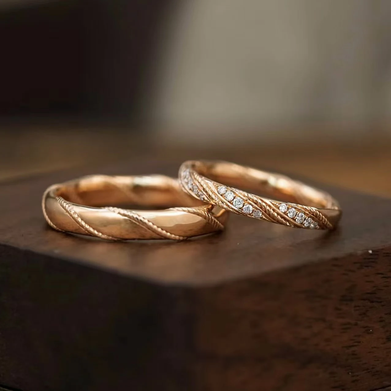 Handcrafted Custom Designer Woven Metal Texture Gold-Plated Silver Rings - Valentine & Wedding Couples Bands