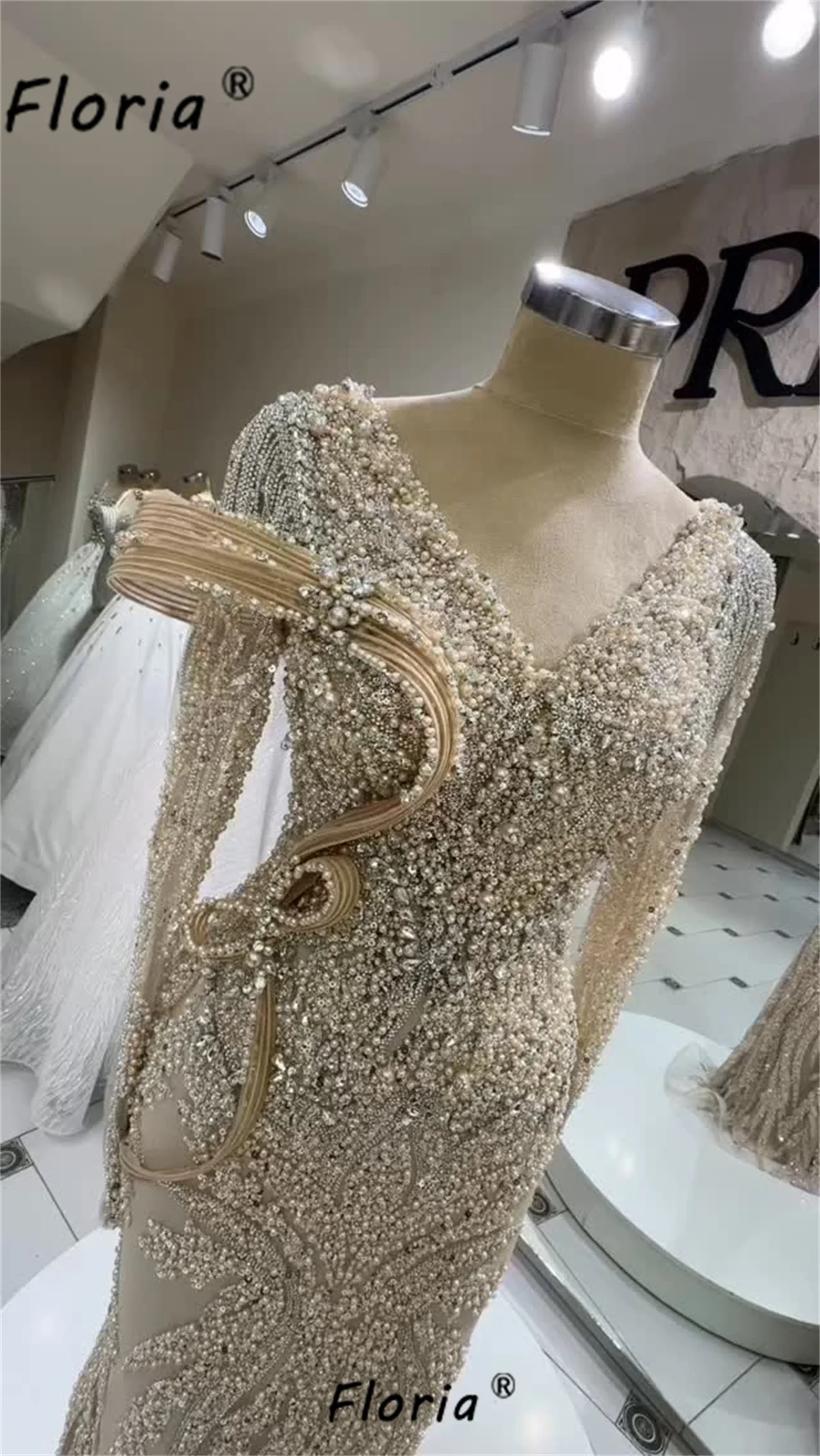 Nude Champagne Sequin Mermaid Evening Dress Silver Crystal Beaded Forma Occasion Gown Dubai Aso Ebi Prom Party Dress Customized