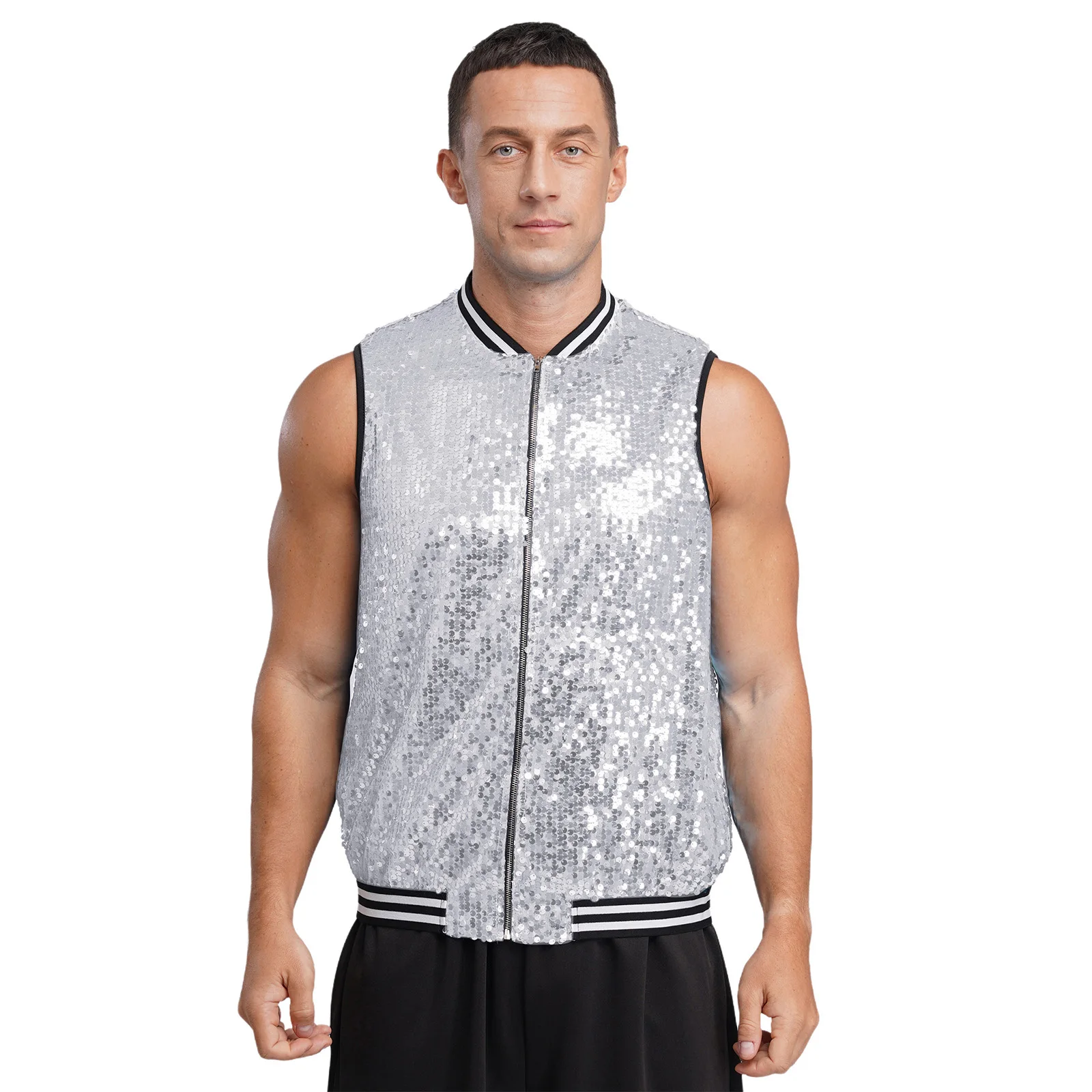 

Men Sleeveless Sequin Vest Elastic Striped Band Trimming Waistcoat Jacket for Holiday Festival Carnival Casual Party Dance Vests