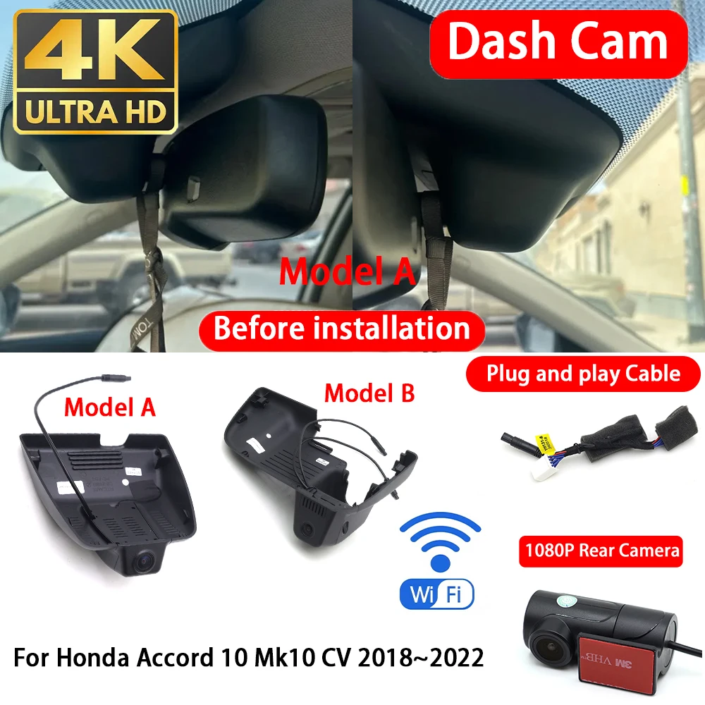 for Honda Accord 10 Mk10 CV 2018~2022 4K Dash Cam Front Rear Car Camera DVR Wifi Plug & Play Video Recorder Loop Recording