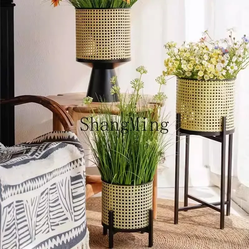 SM imitation rattan woven wrought iron flower stand balcony green plant creative flower pot stand cream decoration ornament