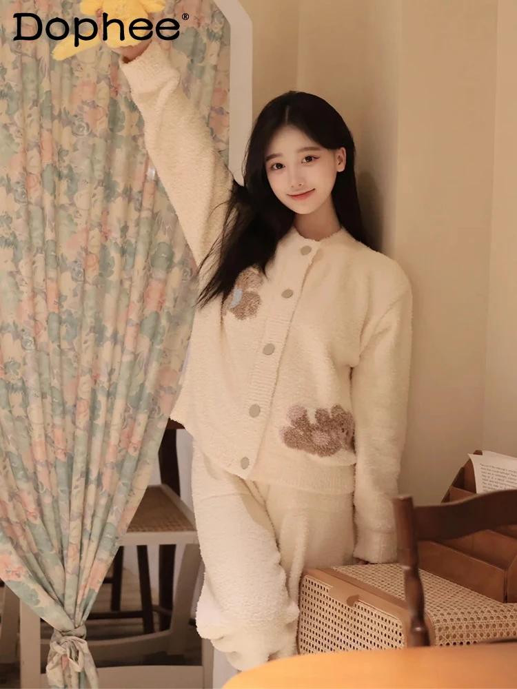 

Новинка 2023 года, осенне-зимняя флисовая пижама с рисунком медведя, утепленная теплая коралловая флисовая милая домашняя одежда в японском стиле для женщин