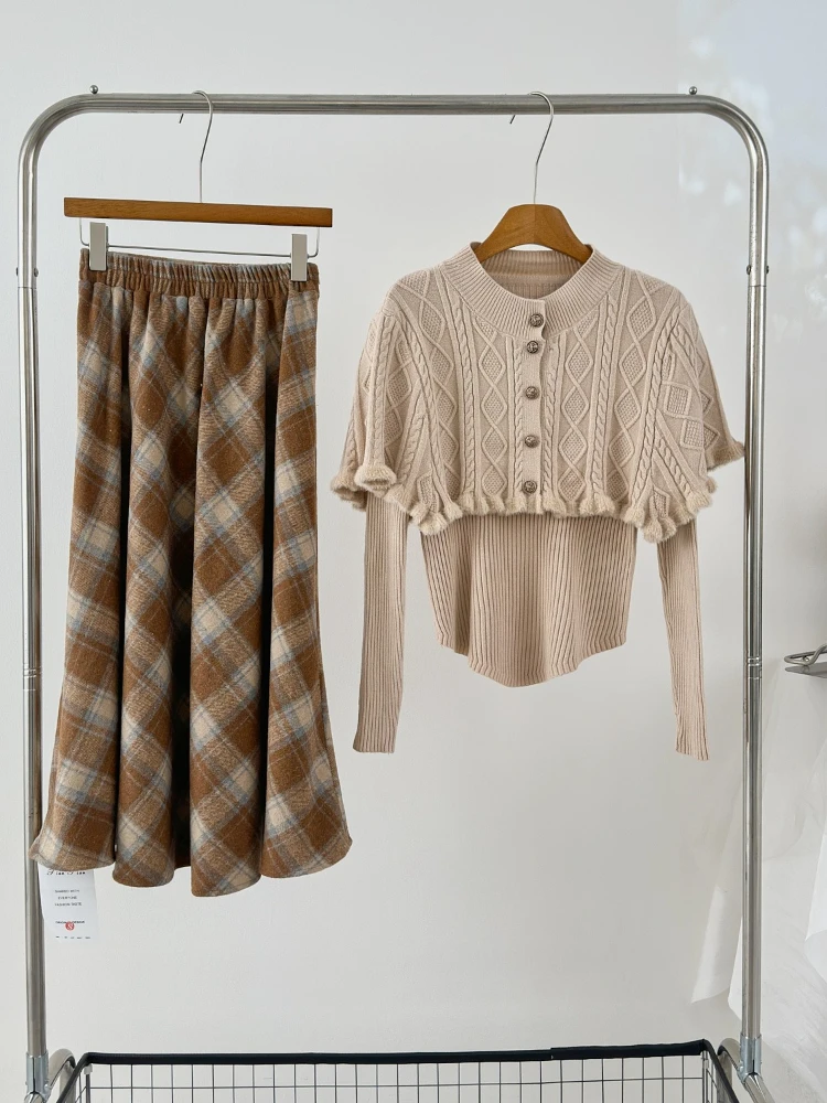 Vestido francés elegante de punto con capa para mujer, falda acampanada de cintura alta, traje de moda coreana, conjunto Retro de 2 piezas, otoño e invierno