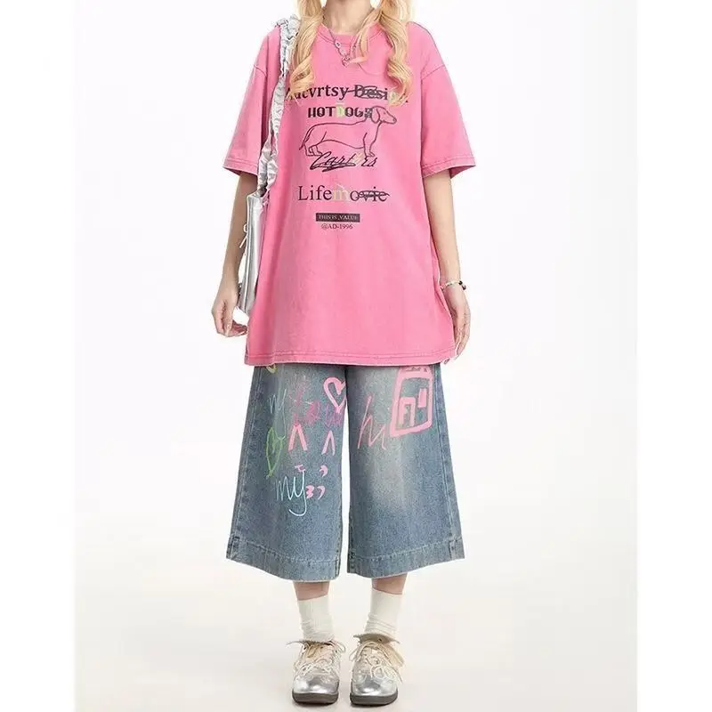 Pantalones capri de mezclilla sueltos con estampado de grafiti americano, pantalones cortos ajustados de pierna recta con diseño de pierna ancha informal de verano para mujer