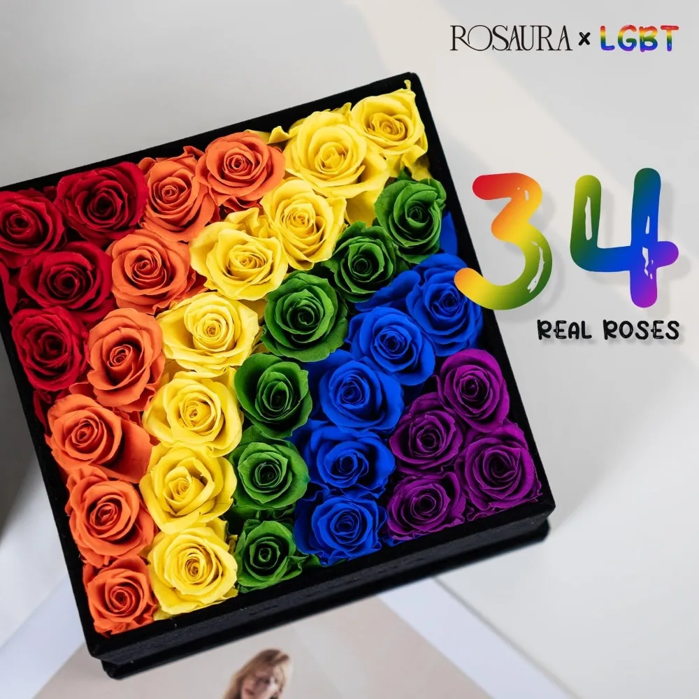 صندوق هدايا من الورود المحفوظة الأبدية مكون من 34 قطعة - زهور حقيقية تدوم إلى الأبد لعيد الحب بألوان قوس قزح #3