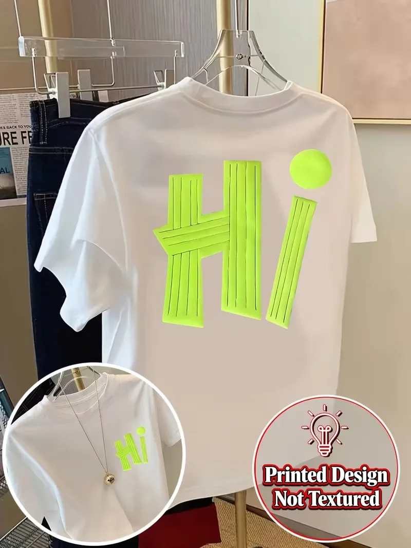 Hi, Neon Green and Pink Print T-shirt Black and White Short Sleeve Crew Neck Casual Top for Summer Spring Men Women Casual Tops