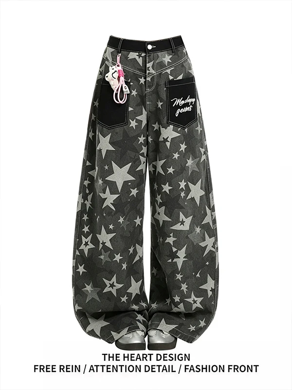 

Retro American Design Distressed Star Print Curved Knife Denim Jeans Women's Summer Street Loose Casual Wide Leg Long Pants