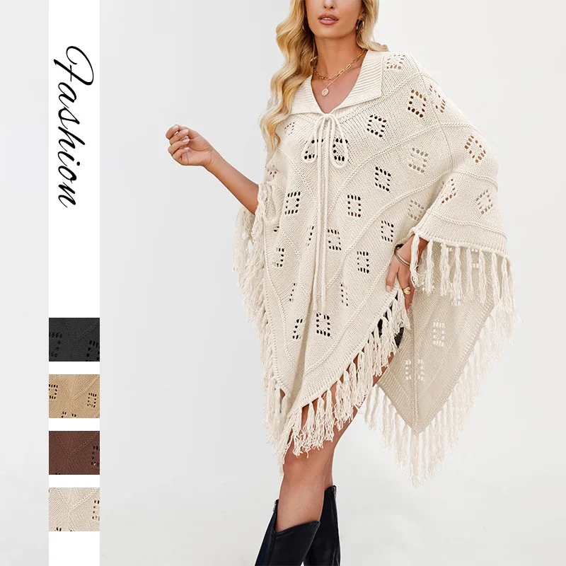 

Модный вязаный свитер-накидка с бахромой для женщин, премиум-класс, трансграничная торговля, осенне-зимний утепленный вязаный свитер