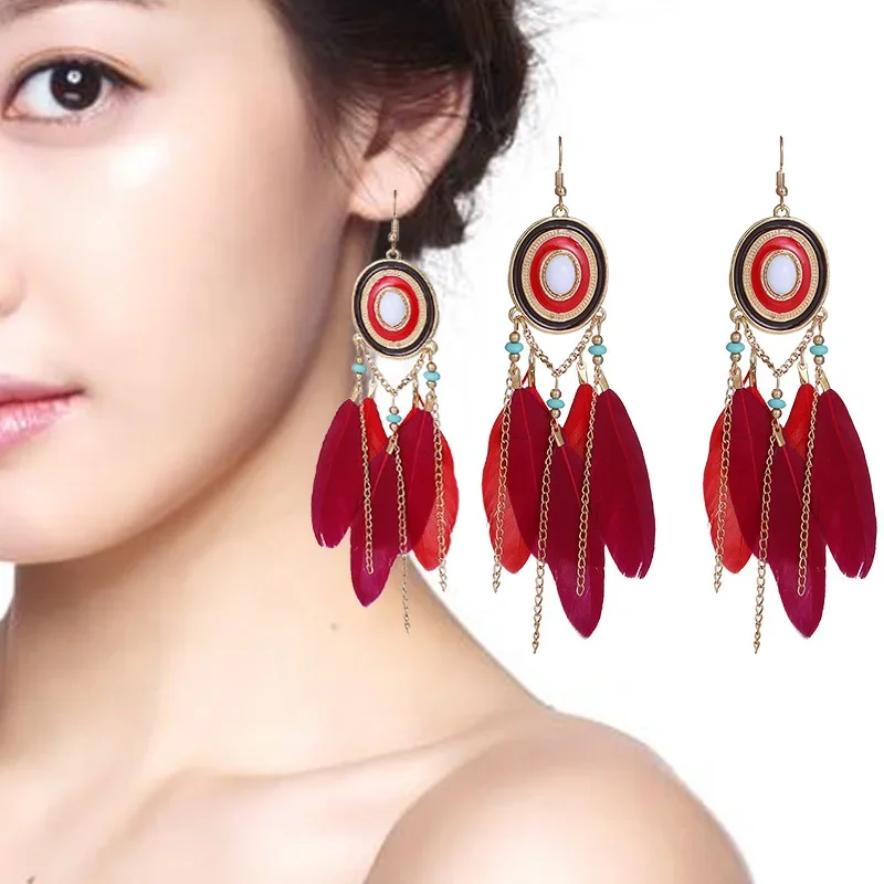 Bohemian Colorful Feather Dangle Earrings For Women Ethnic Long Chain Tassel Drop Earring Girls Vacation Jewelry Gift