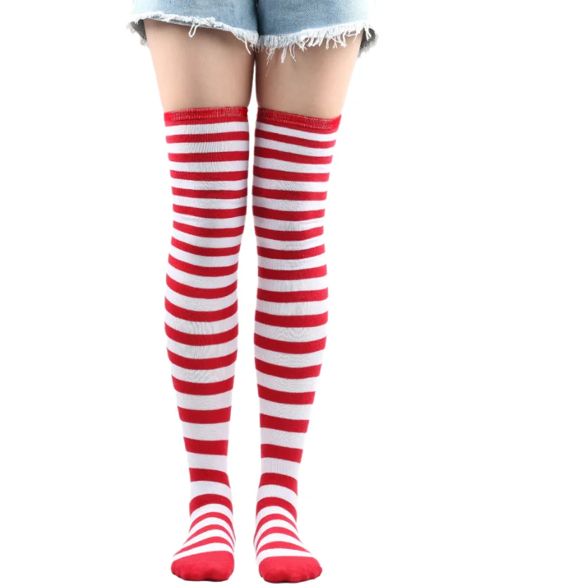 

Long Socks Ladies Thigh High Stockings Women Winter Warm Girls White Striped Over Above Knee Sock Christmas Cosplay 2024 New In