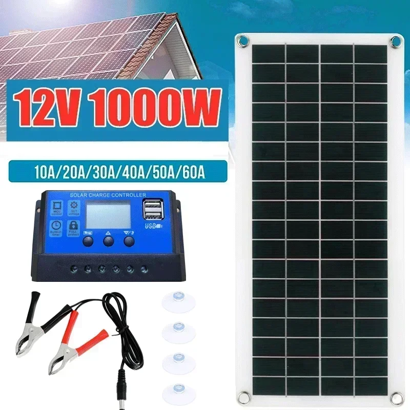 Portable 1000w12v Solar Panel, Mobile Phone Car Outdoor Mobile Power Supply Polycrystalline Controller Charging Board