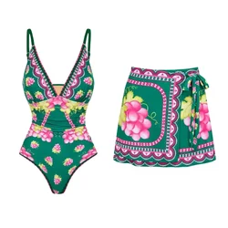 2024 Women Swimsuit Set   Retro V Neck Retro Green Grapes  Swimwear Beachwear Bathing Suit Bikini Monokini  Bodysuit tankini