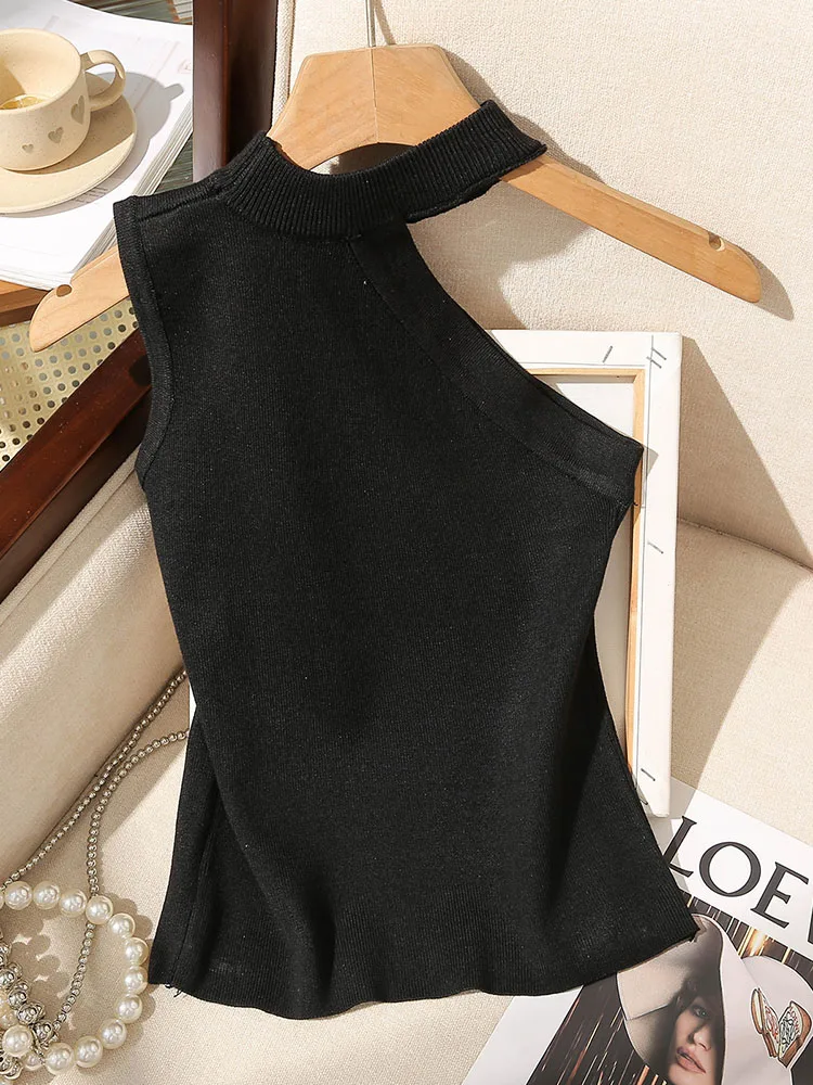 섹시한 슬림핏 어깨 노출 니트 베스트 탑 블라우스 스트랩 디자인 출퇴근용 슬림 길이 폴리에스터 혼방