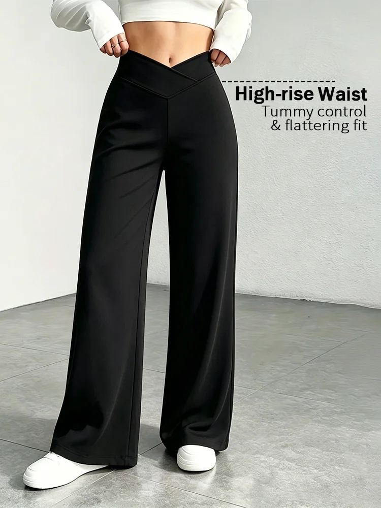 Lady's Black Cross-Waist Wide-Leg Pants, High-Waisted Abdominal-Reducing Casual Yoga Pants, Medium Stretch, Straight-Leg Style