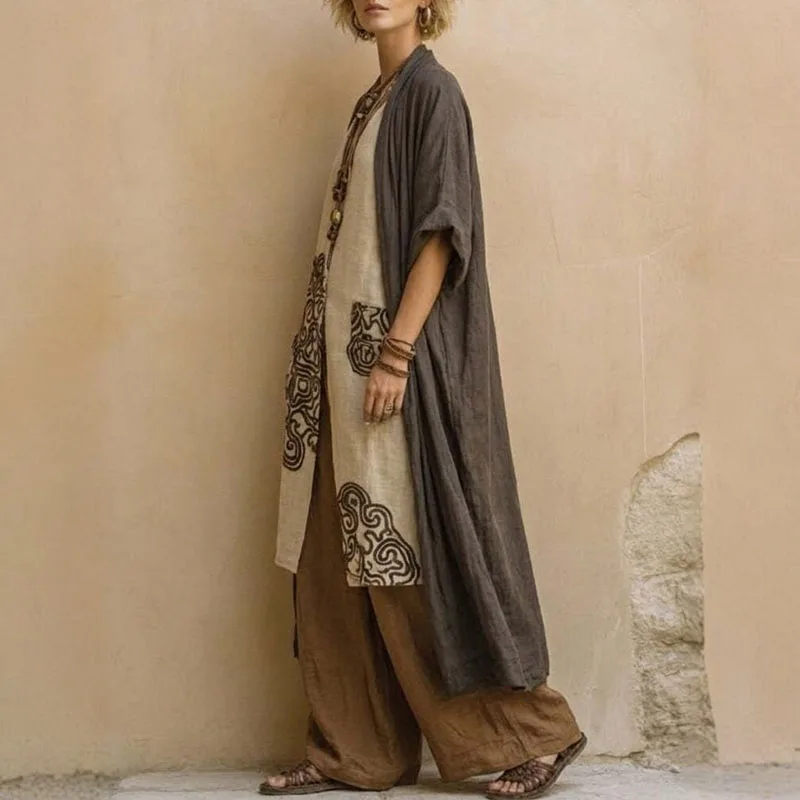 Vintage Pattern Print 3 Piece Sets Spring V Neck Slit Top+High Waist Pants+Long Coat Woman Outfits Summer Vacation Suit Harajuku