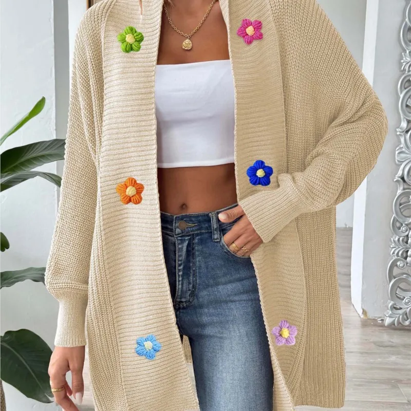 

Hand Hook Flower Splicing Fashionable Loose Sweater Casual Long Sleeved Solid Color Cardigan Long Style Winter Clothes Woman