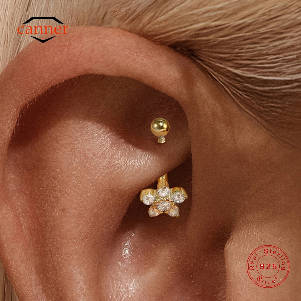 CANNER 1PC 925 Sterling Silver 2/3/4mm Flower CZ Double Curved Barbell Piercing Earring Cartilage Tragus Body Jewelry Party Gift