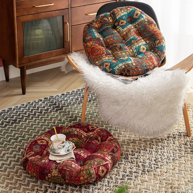 Ethnic Style Circular Floor Cushion, Balcony Bay Window Cushion Collapsed Rice Thickened Cotton and Linen Fabric Artistic Futon