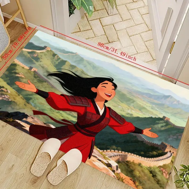 

1 шт. напольный коврик принцессы-воина в стиле мулан, 50x80 см/19,68x31,49 дюйма, яркий аниме-мультяшная героиня на великой стене, горный пейзаж