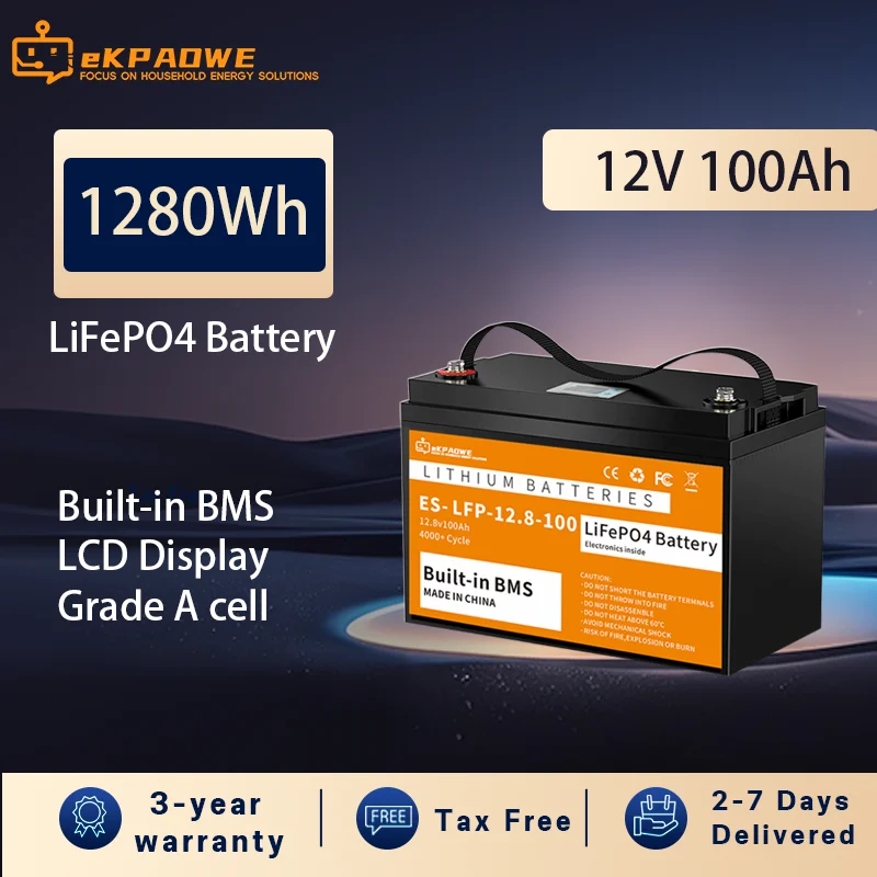 Wattcycle 12 فولت 100 أمبير LiFePO4 بطارية حزم الصف أ خلايا قابلة للشحن للتخزين في الهواء الطلق/المنزل بطاريات ليثيوم فوسفات الحديد