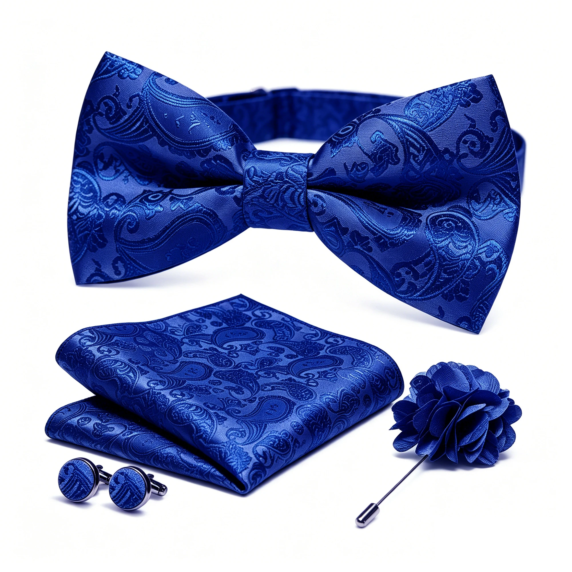 36-teiliges Set: Schwarze Seiden-Jacquard-Paisley Herrenfliege, Brosche, Einstecktuch und Manschettenknöpfe – Vorgebundene Schmetterlingsfliege für Herren, Hochzeit und Business – Detail 5