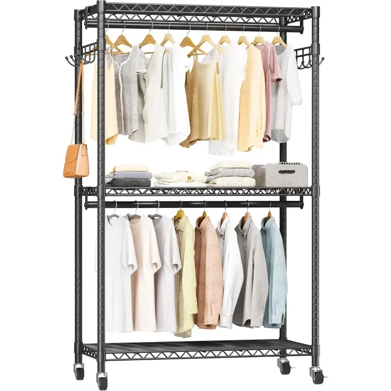 Heavy Duty Rolling Garment Rack with Adjustable Wire Shelving, 3 Tiers Clothes Rack with Double Rods and Side Hooks