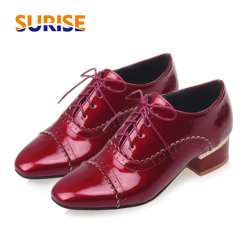 

British Women Flats Patent Leather Black Red Square Toe Oxfords Derbies Brogues Vintage Casual Office Lace Up Ladies Dress Shoes