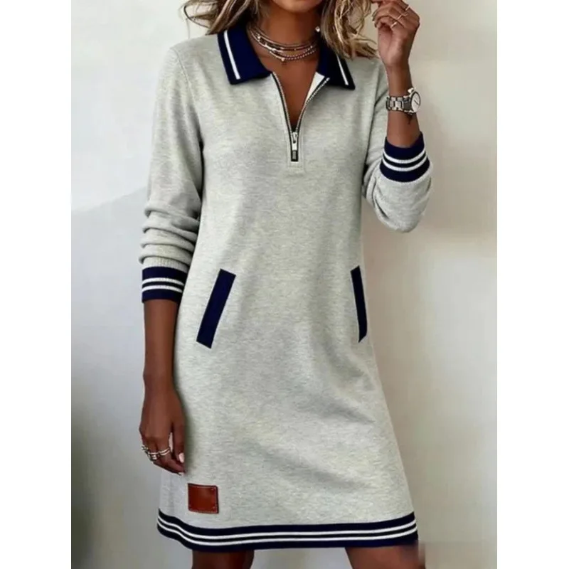 

Zagros Women's Spring Autumn Patchwork Turn-Down Collar Long Sleeve Zipper Casual Chic Party Holiday Dress