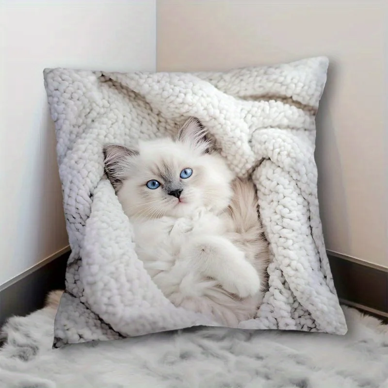 1pc Ragdoll Kitten in Blanket Printed Throw Pillow Cover, Suitable for Sofa, Bedroom, Living Room, a Healing Gift for Cat Lovers
