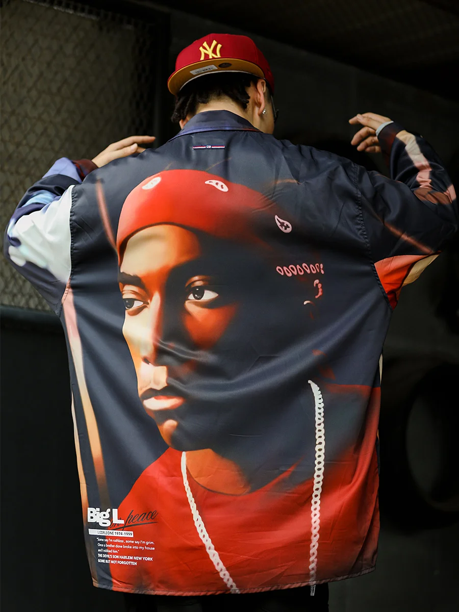 ACUSA Big L Portrait Digital Print Long Sleeve Button up Shirt American Streetwear Rap Style Spring Autumn Unisex Loose Fit