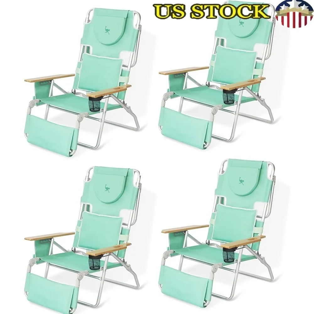 

Deluxe Portable Adjustable Folding Chair Set of 4 Outdoor Lounge Chairs Beach Camping Pool Teal with Footrest and Cup Holder