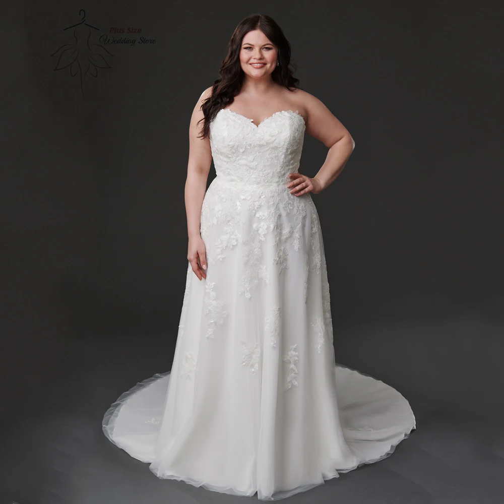 

Classic Wedding Dresses Plus Size Sweetheat Neck Sleeveless A-Line Bride Gowns Appliques Back Button Sweep Train Robe De Mariee