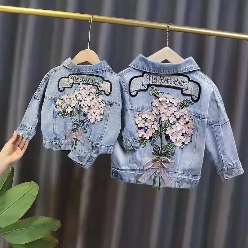 Veste en Jean Déchiré pour Fille de 1 à 5 Ans, Vêtement d\'Extérieur en Denim avec Broderie de Fleurs, à la Mode, Nouvelle Collection