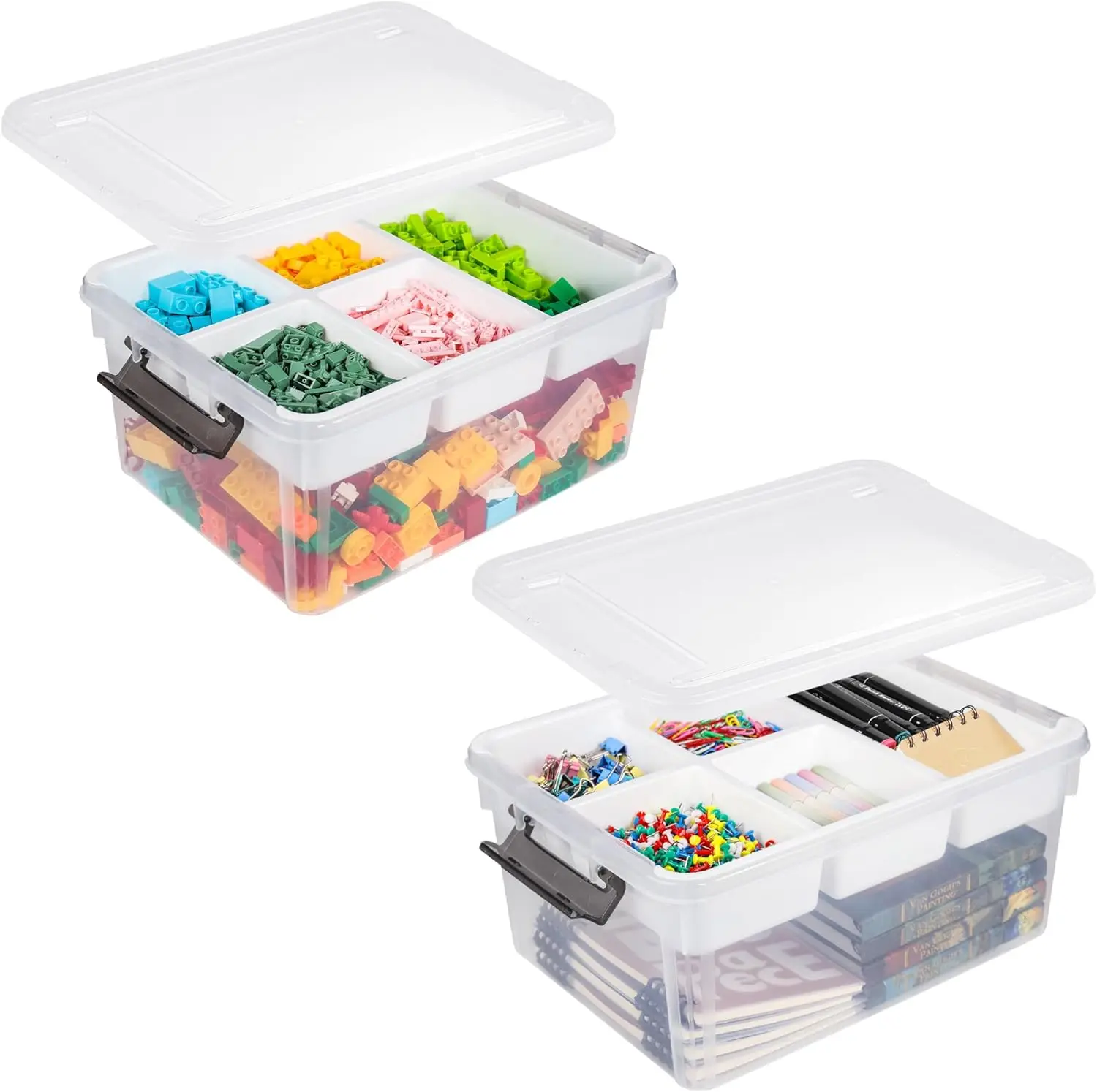 

2 pieces of 17 QT covered plastic storage boxes, art item storage boxes with detachable trays, transparent storage boxes