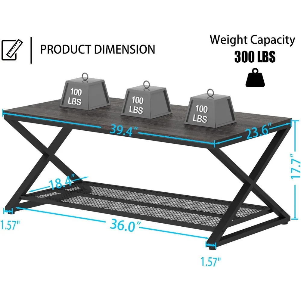 Industrial Grey Coffee Table, 2 Tier Wood Living Room Table, Wooden Rectangle Center Table Storage, Low Cocktail Tea Table