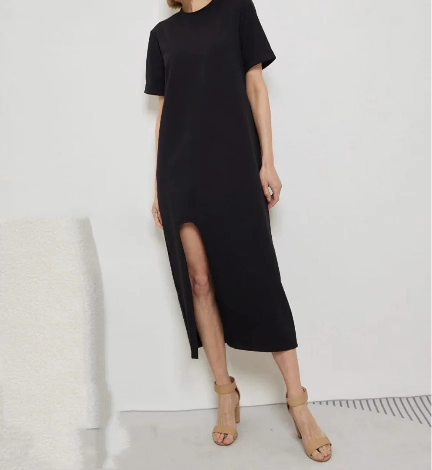 Vestido camisero con abertura para mujer, básico, negro, sencillo, moda de verano, 2024