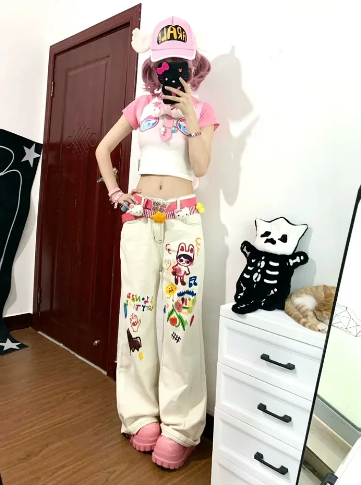 2025 Summer New Women's White High-Waisted Wide-Leg Pants Cartoon Hand-Painted Print Loose Straight Long Jeans
