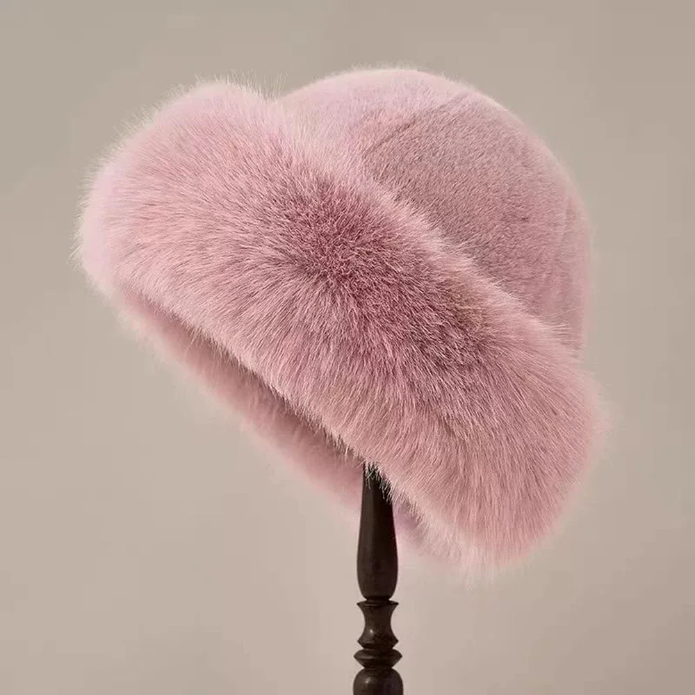 New Women Fleece Hat Fluffy Fur Winter Warm Bucket Hat Plush Fisherman Cap Christmas Gift