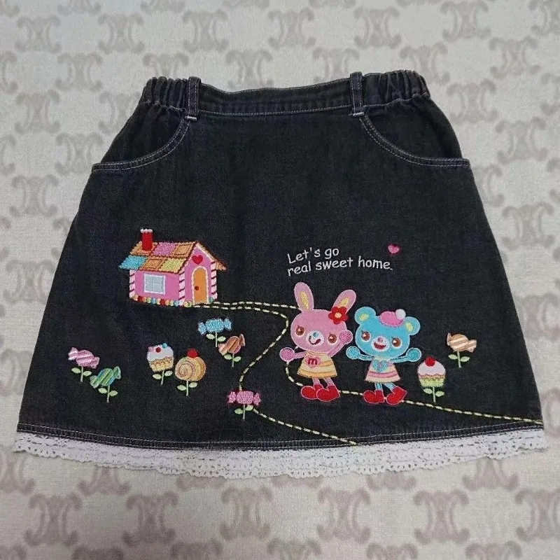 Mini jupe en jean à bord en dentelle japonaise pour femme, robe courte brodée de lapin de dessin animé doux, jupes trapèze décontractées, mode, hiver, automne