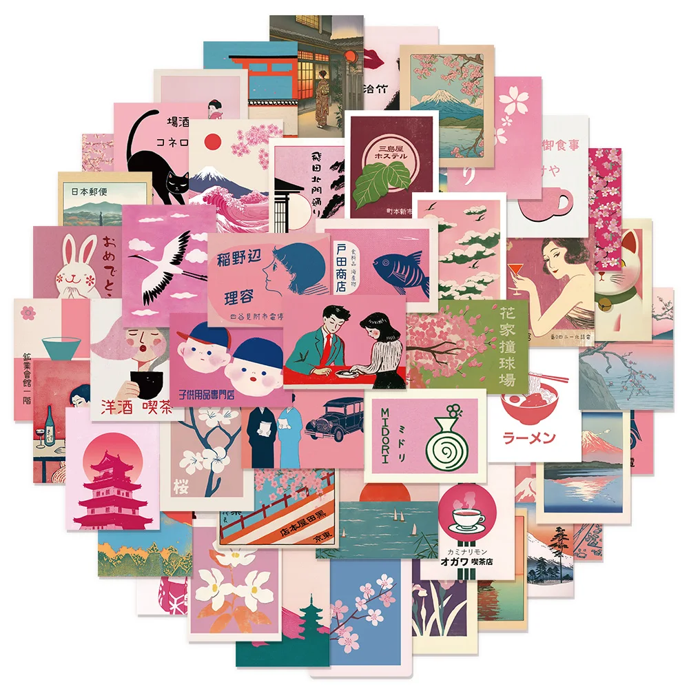 

50PCS Creative Pink Japanese Retro Aesthetic Landscape DIY Speaker Notebook Water Cup Computer Waterproof Stickers