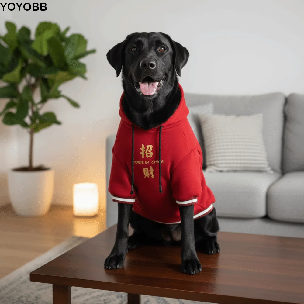 

Warm New Year Dog Hoodie Thicken Comfortable Dog Two-Legged Clothing Blessing with Drawstring Dog Sweater
