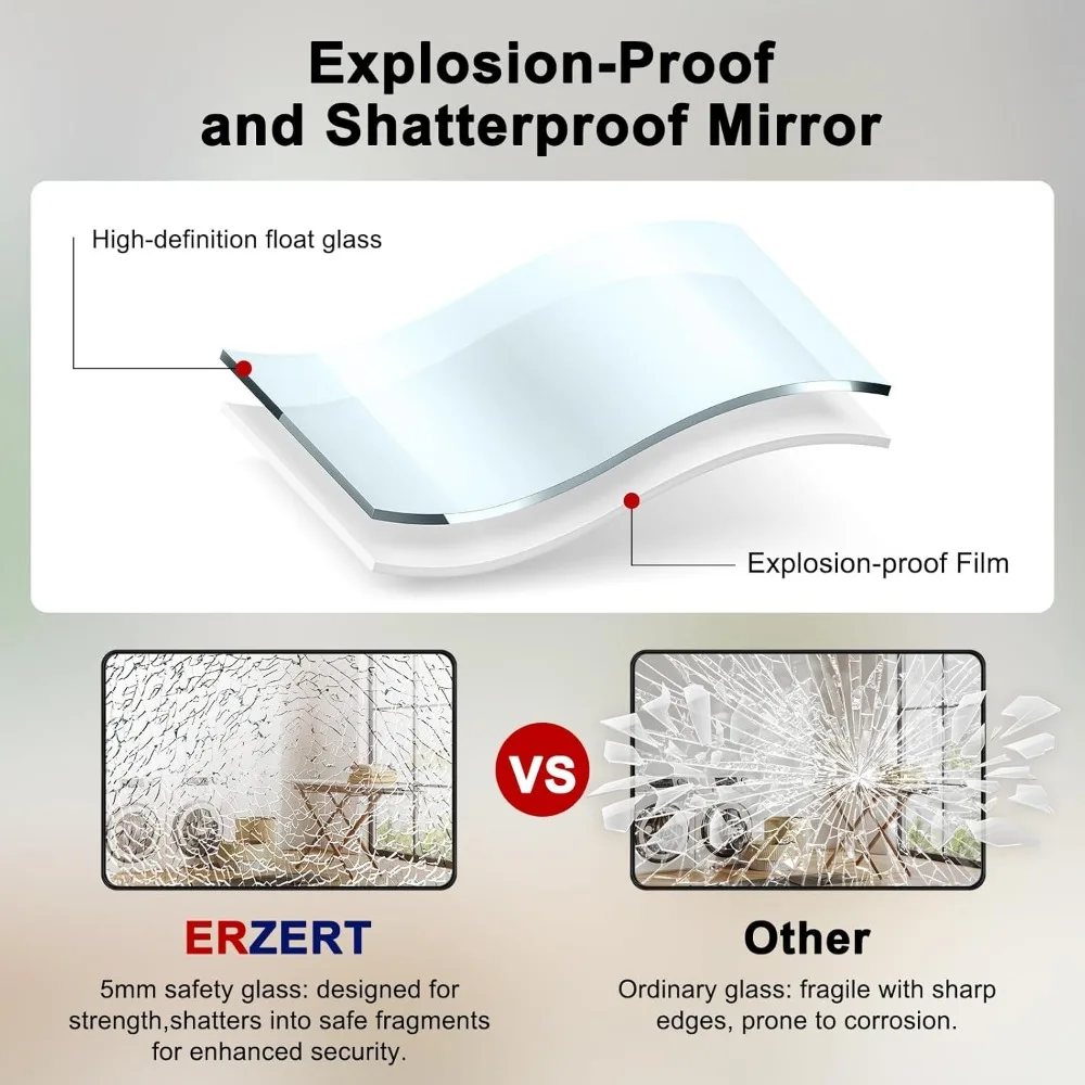 Ensemble de miroirs de salle de bain à cadre noir, 2 pièces, 24 x 36 pouces, incassable, accroche horizontalement ou vertical pour la vanité et le mur