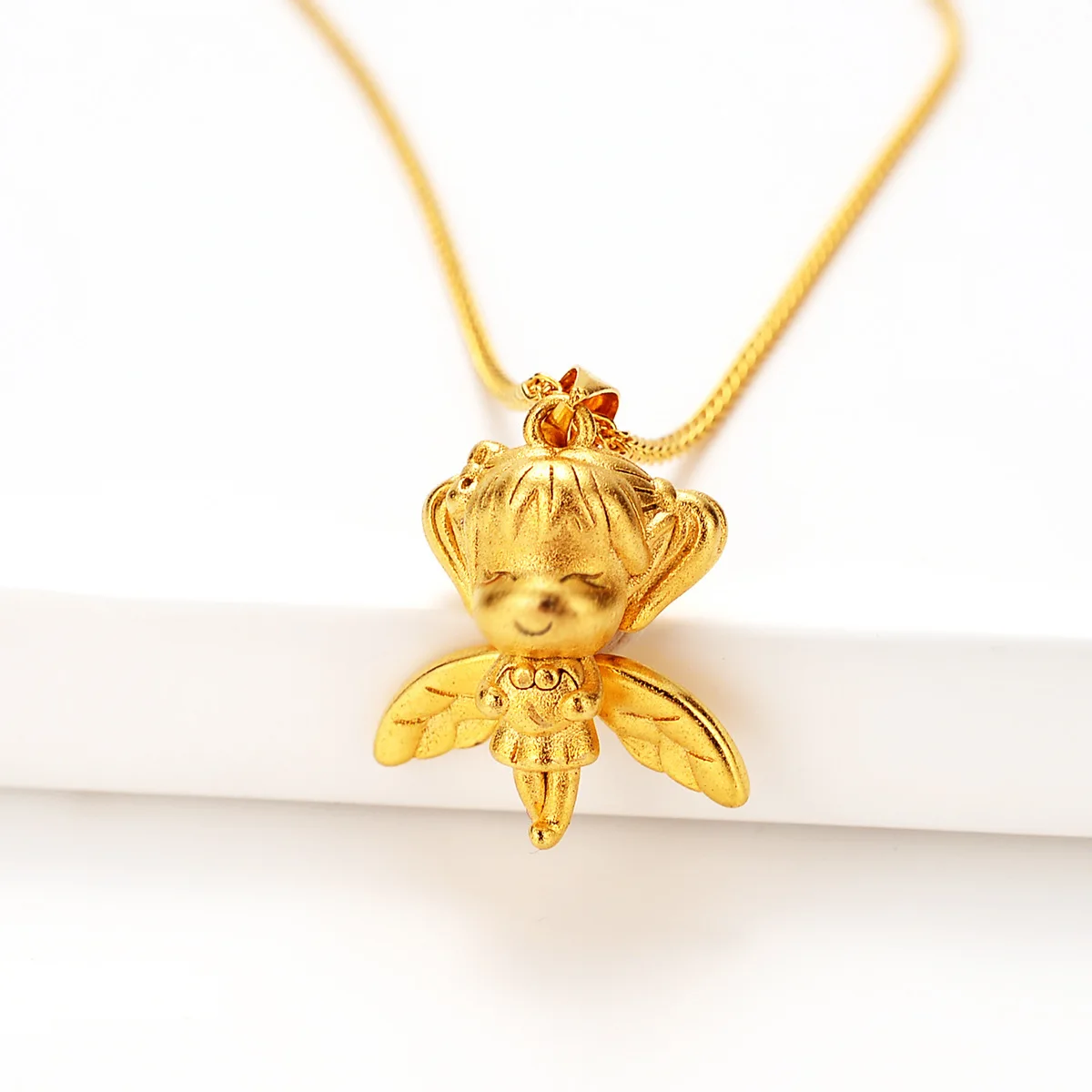 AU999 Gold Necklace Womens Ancient Engraved Guardian Angel Pendant 24K Pure Gold Fashion Little Cupid Clavicle Chain