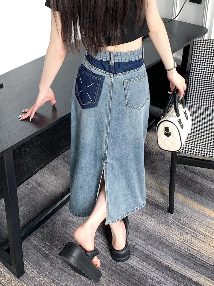 

High Waist A-Line Midi Denim Skirt for Women Spring Summer Season Korean Sle Color Commute ket Button Zipper Detail