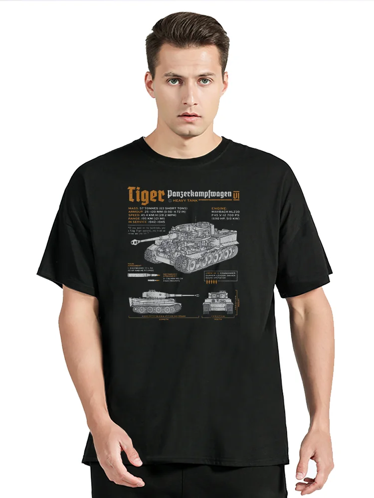 Germany Tiger Tank Panzer PzKpfw VI World War 2 Blueprint Men Tshirt Short Streetwear Graphic Unisex Tops Tees Oversized T-Shirt